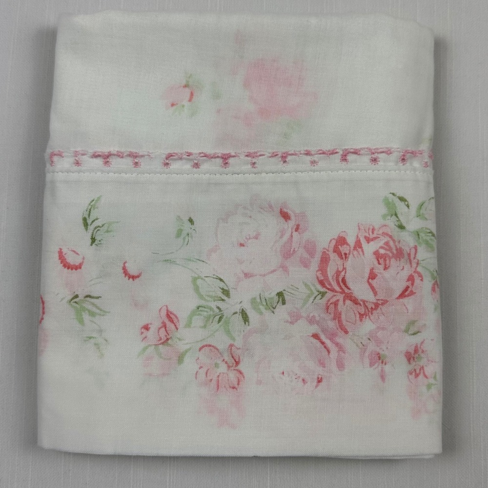 Vintage Pink Rose Floral Pillowcase with Embroidered Eyelet Trim White Standard